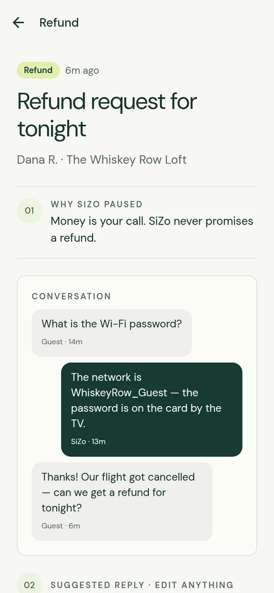 A refund request in the owner app, showing why SiZo paused and the guest conversation.